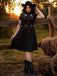 Schwarz 1940er Baumwolle Blumen Besticktes Westlicher Stil Kleid