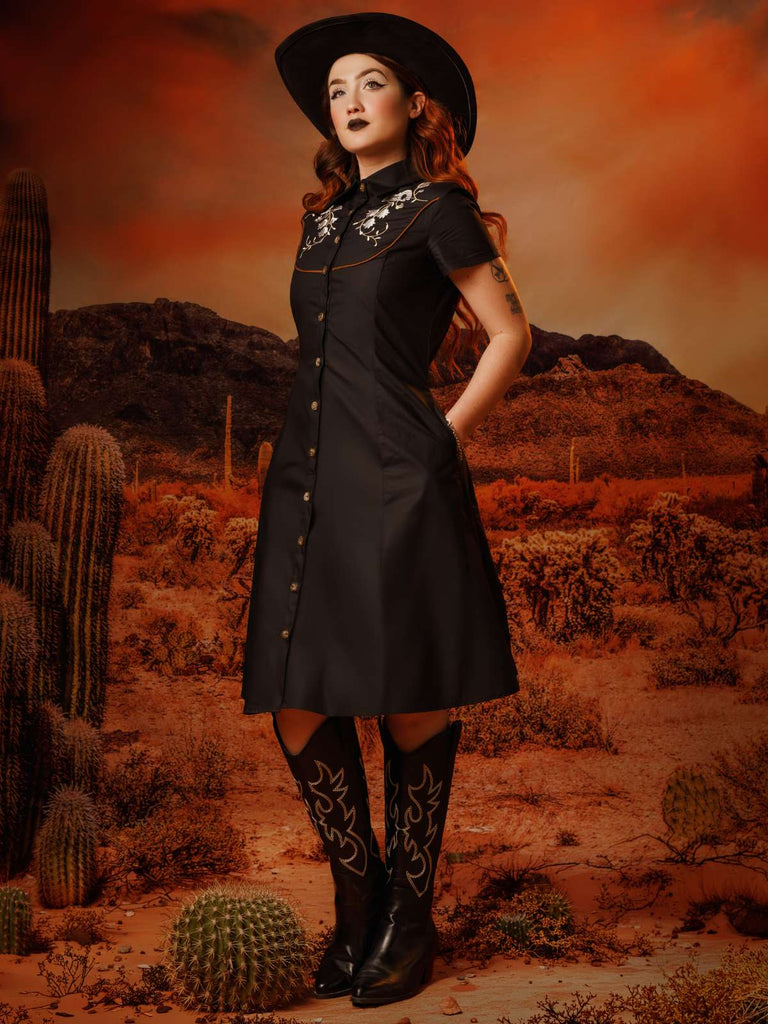 Schwarz 1940er Baumwolle Blumen Besticktes Westlicher Stil Kleid