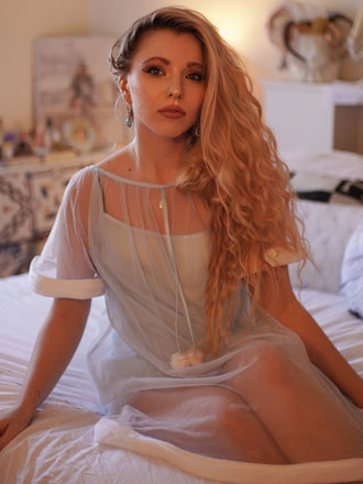 Blau 1940er Rüschenärmel Plüschbesatz Tüll Nachthemd