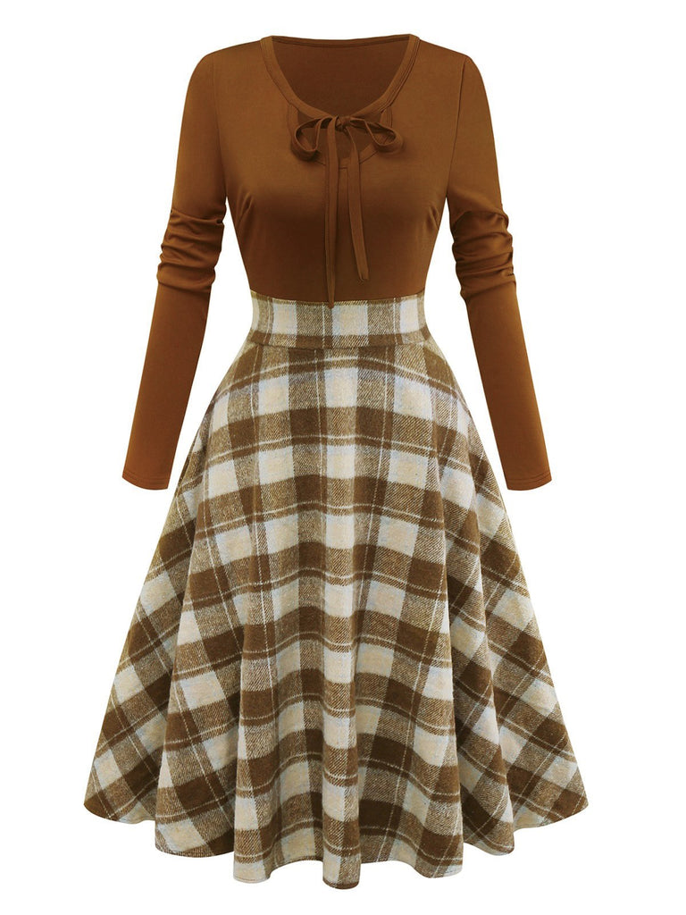 Braun 1950er Krawattenhals Stricken Plaid Kleid