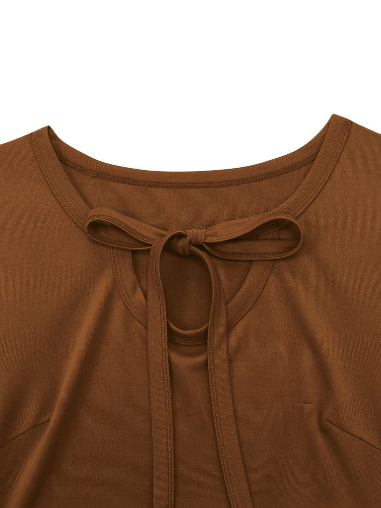 Braun 1950er Krawattenhals Stricken Plaid Kleid