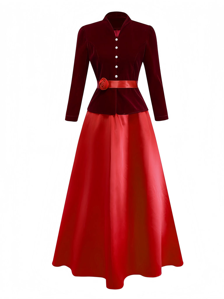 2PCS Weinrot 1940er V-Ausschnitt Samt Jacke & Rock