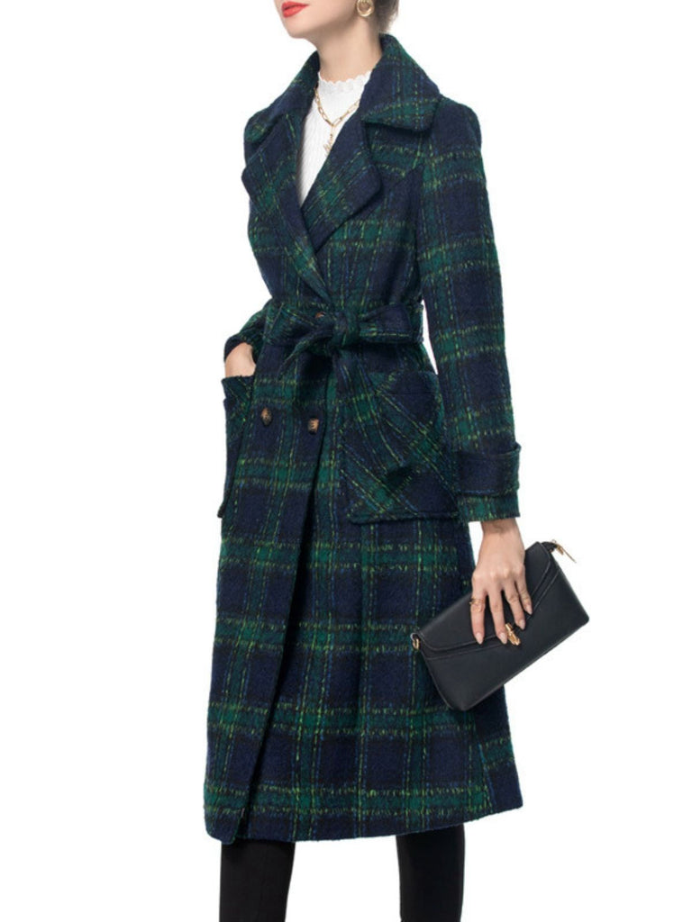 Grün 1940er Gekerbter Kragen Blackwatch Plaid Lang Mantel