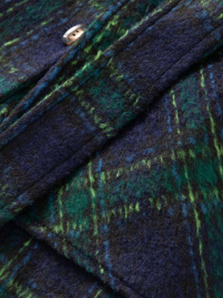 Grün 1940er Gekerbter Kragen Blackwatch Plaid Lang Mantel