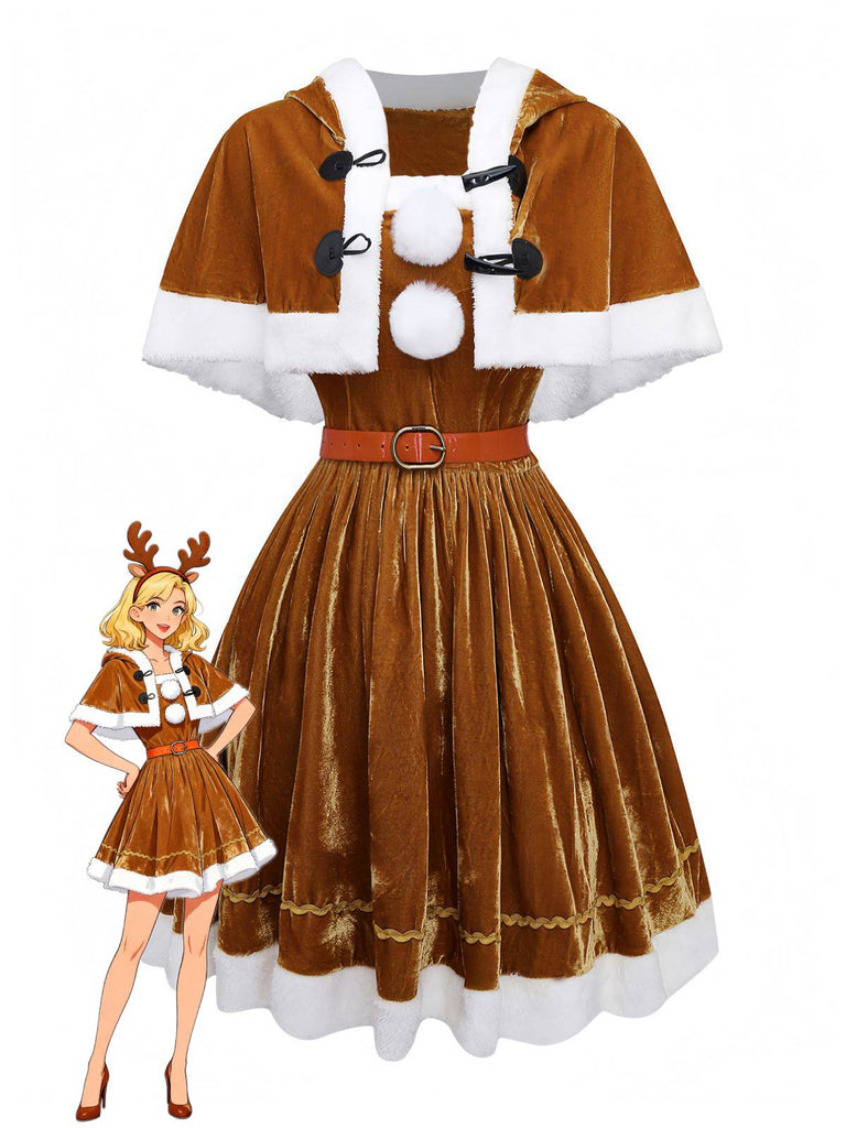 2PCS Braun 1940er Weihnachtselch Cape & Samt Kleid
