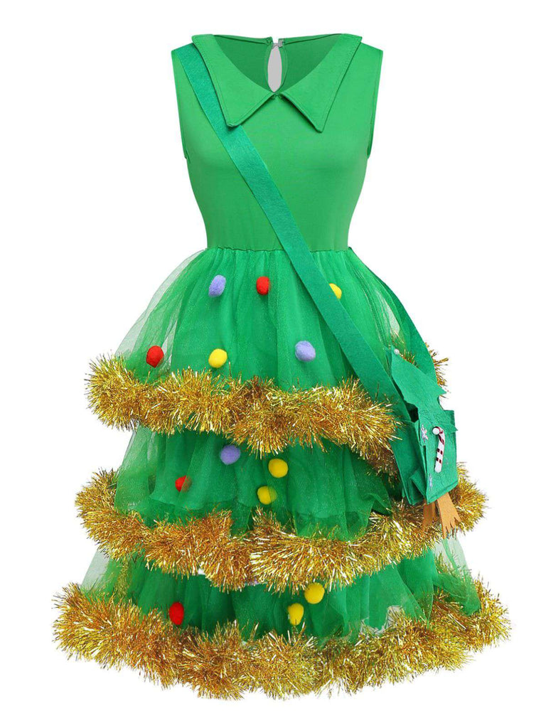 Grün 1950er Weihnachten Baum Abgestuft Kleid Set