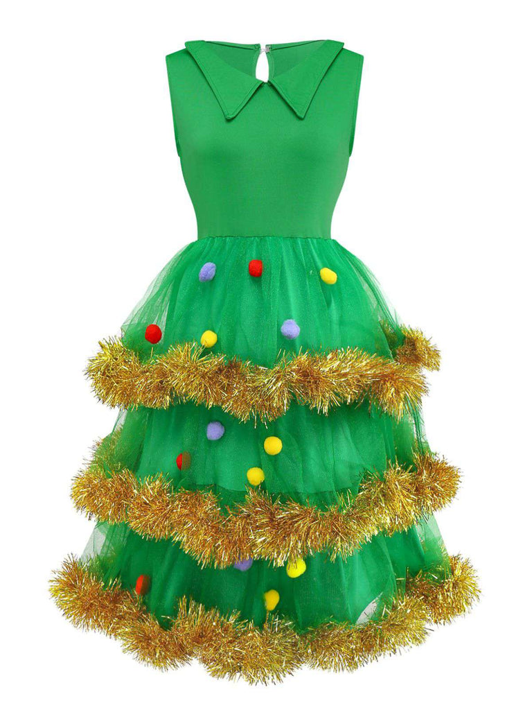 Grün 1950er Weihnachten Baum Abgestuft Kleid Set