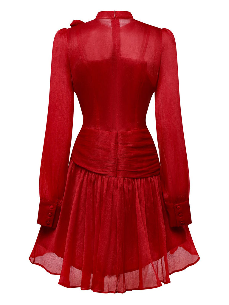 Rot 1960er Solide Gerüschtes Krawattenhals Langarm Kleid