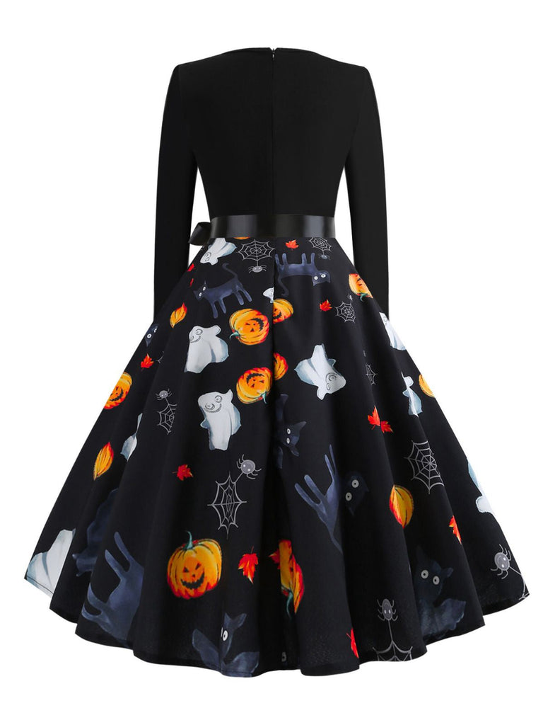 1950er Halloween Kürbis Spinnennetz Blütenblatthals Kleid