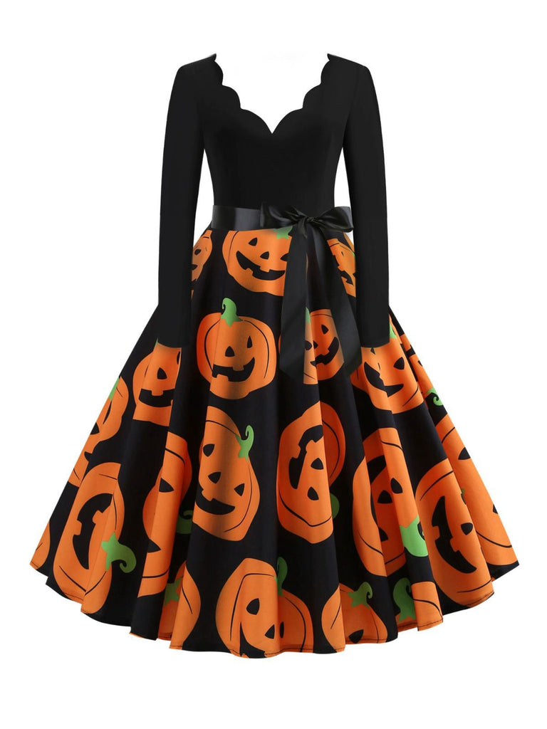 1950er Halloween Kürbis Spinnennetz Blütenblatthals Kleid