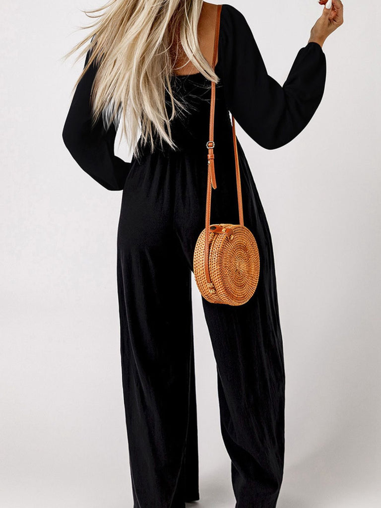 1950er Solide Quadratischer Hals Gesmokt Lang Jumpsuit