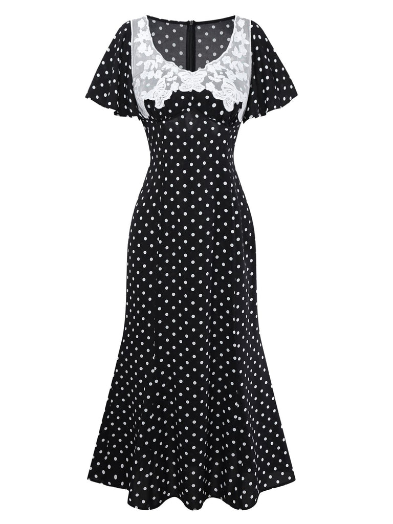 Schwarz 1930er Spitze Patchwork Polka Dot Kleid
