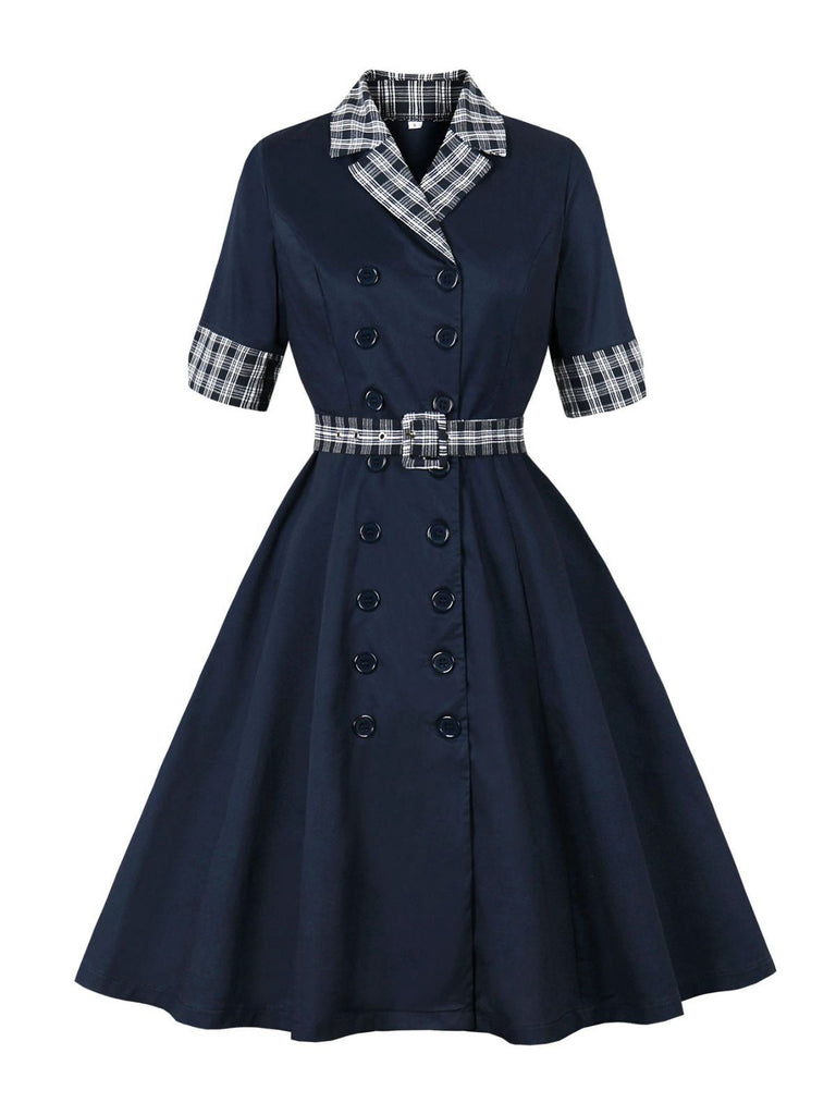 Blau 1950er Zweireihig Plaid Revers Gürtel Kleid