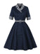 Blau 1950er Zweireihig Plaid Revers Gürtel Kleid