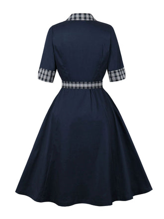 Blau 1950er Zweireihig Plaid Revers Gürtel Kleid