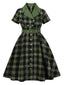 1950er Gingham Plaid Tasten Revers Gürtel Kleid