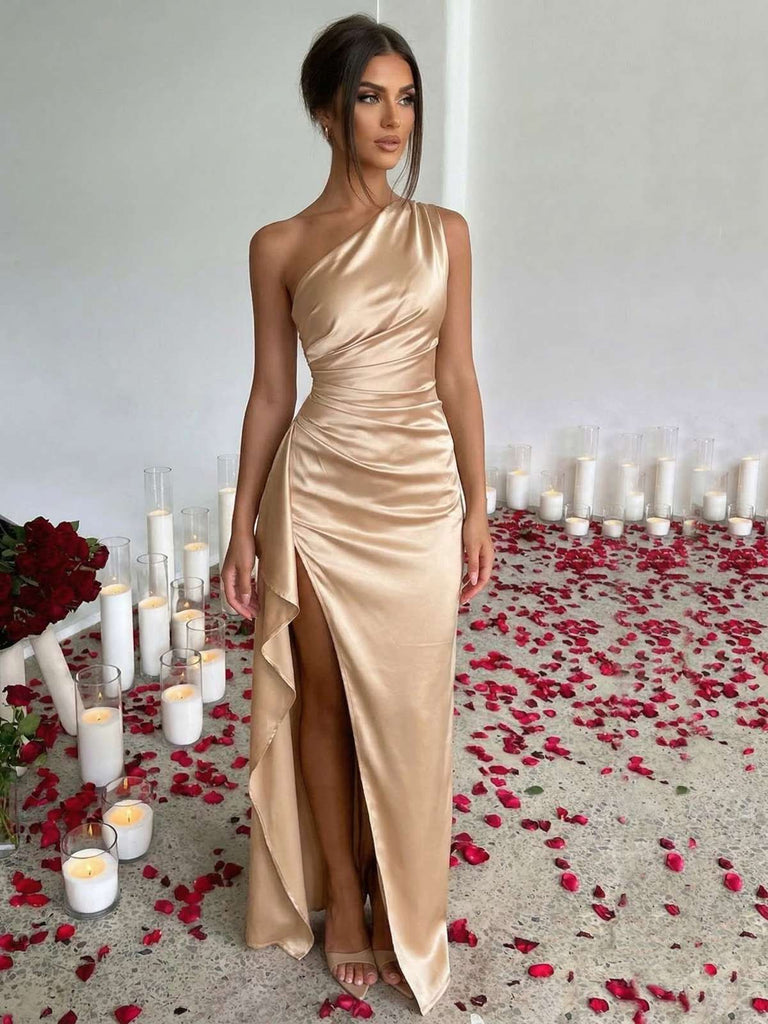 1960er Eine Schulter Gerüscht Schlitz Satin Kleid