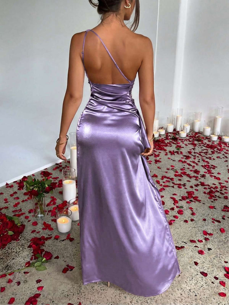 1960er Eine Schulter Gerüscht Schlitz Satin Kleid