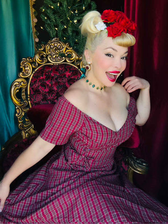 Rot 1950er Plaid Gerüschtes Herzförmiger Hals Bogen Kleid