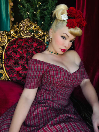 Rot 1950er Plaid Gerüschtes Herzförmiger Hals Bogen Kleid