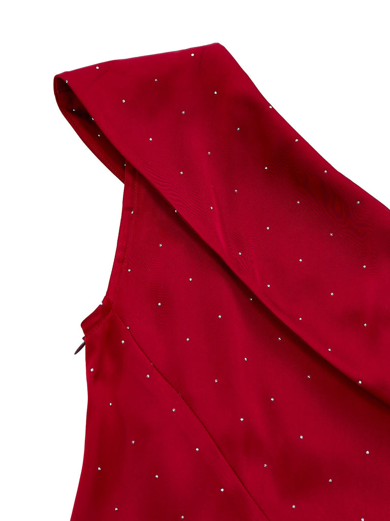 Weinrot 1960er Satin Strassstein Schulterfrei Kleid