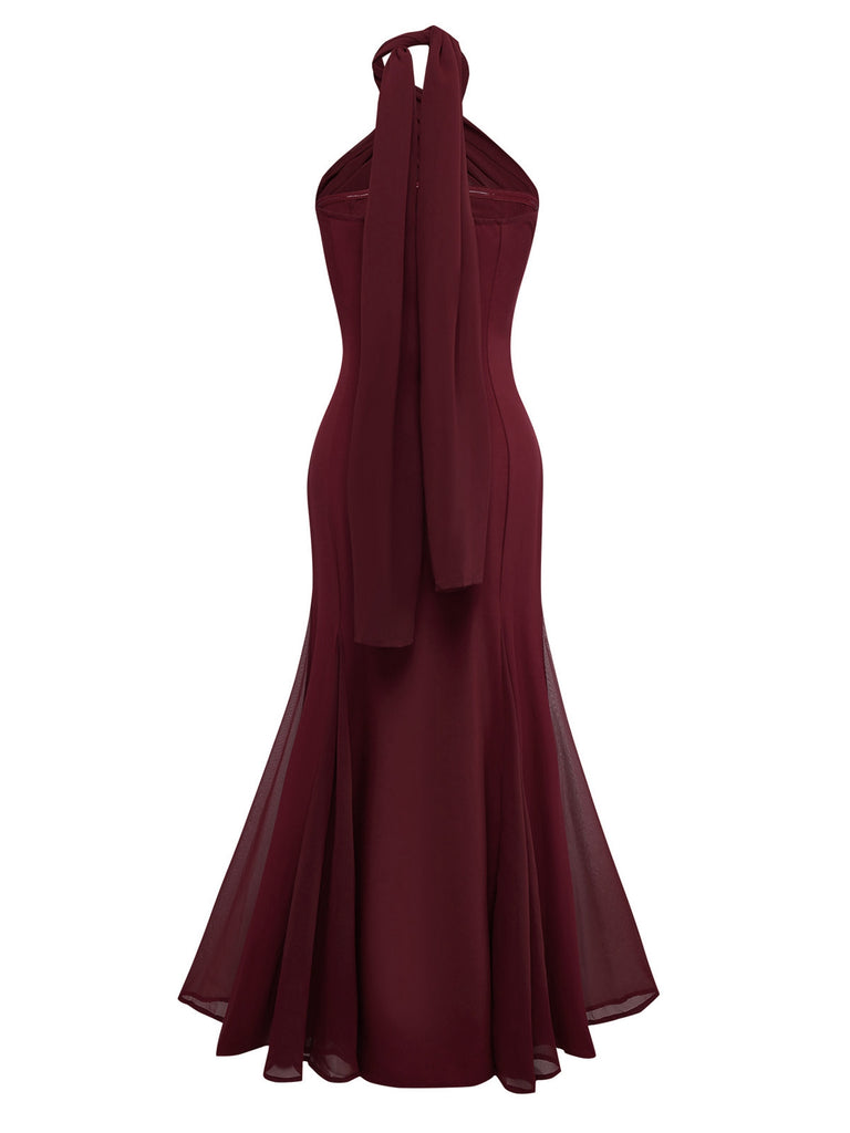 Rot 1930er Solide Chiffon Criss Kreuzen Trägerlos Cabrio Kleid