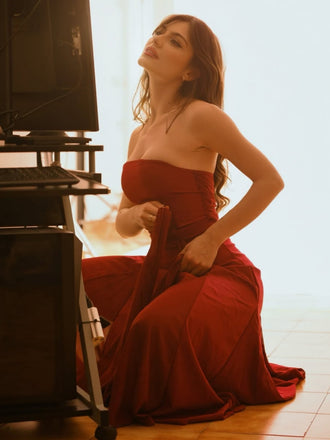 [Vorverkauf] Rot 1930er Solide Chiffon Criss Kreuzen Trägerlos Cabrio Kleid