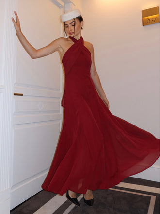 Rot 1930er Solide Chiffon Criss Kreuzen Trägerlos Cabrio Kleid