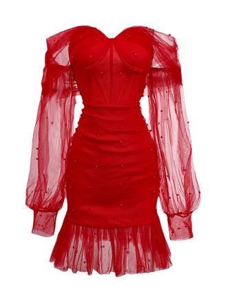 1960er Perlen Herzförmiger Hals Schulterfrei Netz Kleid