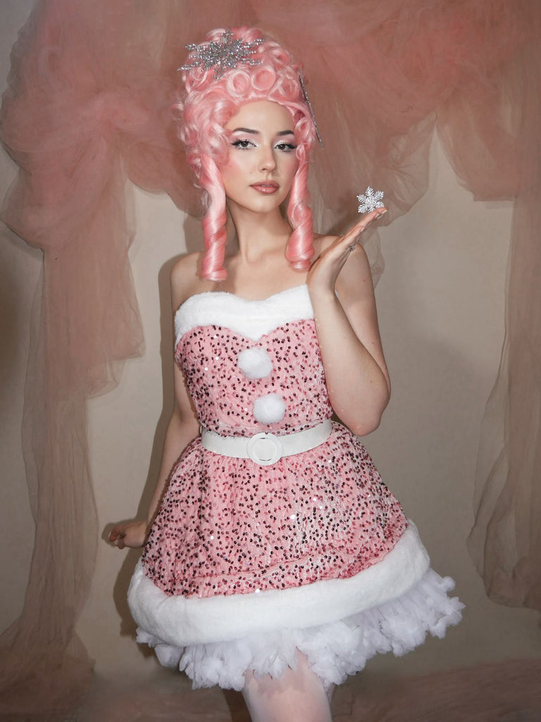 Rosa 1960er Weihnachten Fell Pailletten Trägerlos Kleid