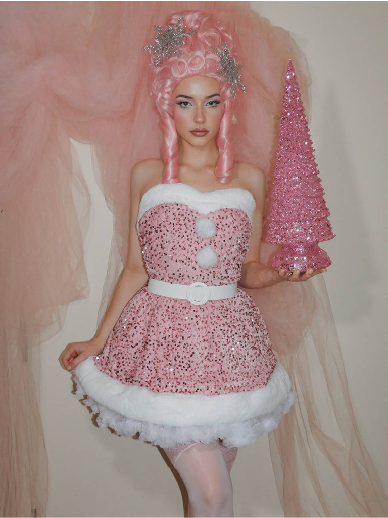 Rosa 1960er Weihnachten Fell Pailletten Trägerlos Kleid