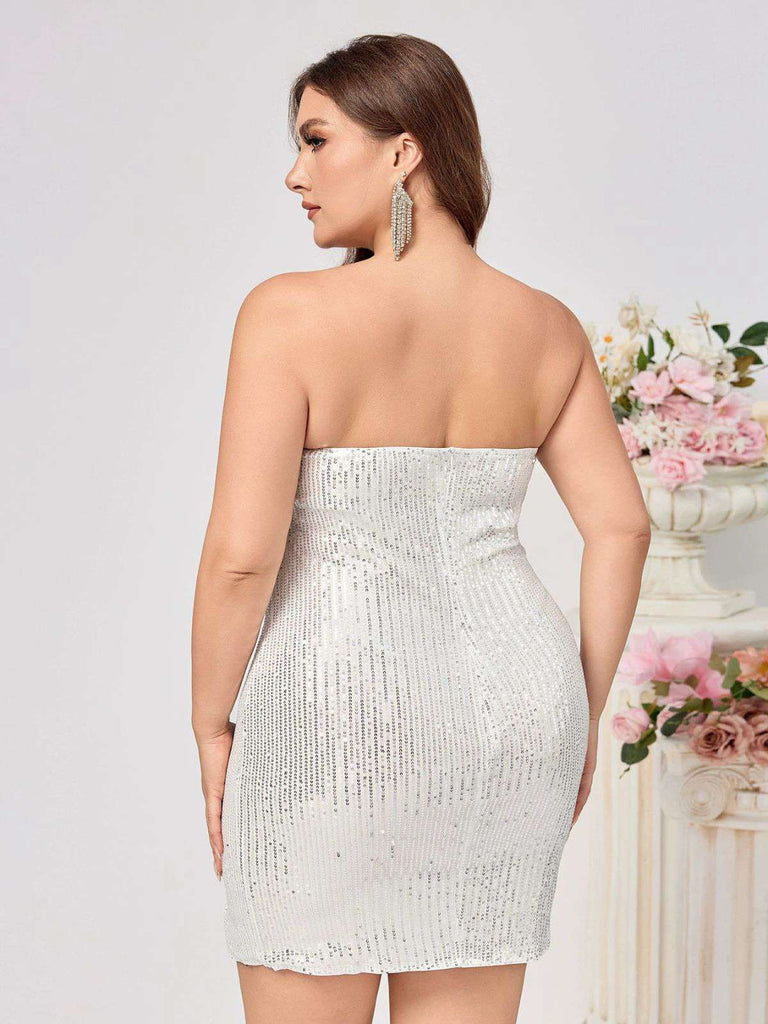 [Übergröße] Weiß 1960er Plüschkragen Pailletten Enges Kleid