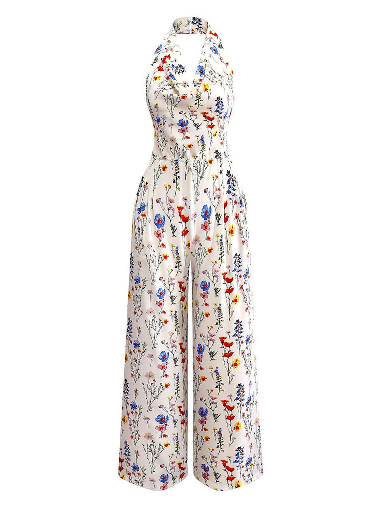 Beige 1950er Halter Blumen Rückenfrei Jumpsuit
