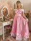 Rosa 1950er Schulterfrei Plissiertes Satin Bogen Prinzessin Kleid