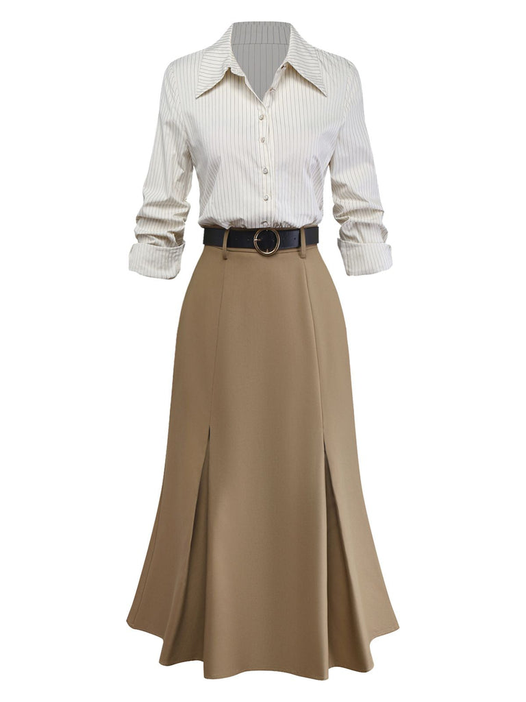 Evelyn Carnahan Outfit Khaki 1930er Streifen Revers Abnehmbare Krawatte Kleid