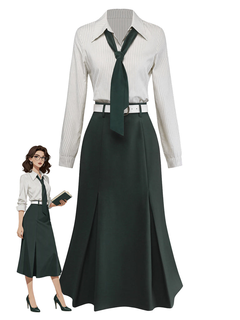 30er Kleid mit gestreifter Blusenpartie, Revers und abnehmbarer Krawatte
