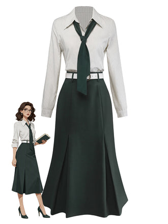 30er Kleid mit gestreifter Blusenpartie, Revers und abnehmbarer Krawatte