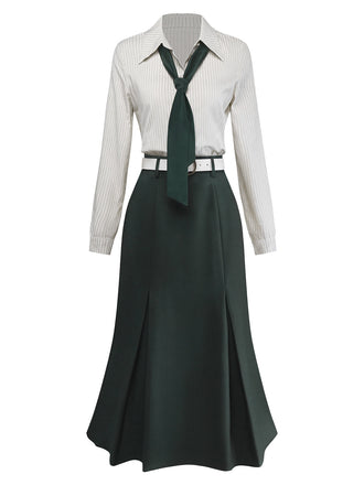30er Kleid mit gestreifter Blusenpartie, Revers und abnehmbarer Krawatte