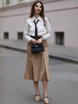 Evelyn Carnahan Outfit Khaki 1930er Streifen Revers Abnehmbare Krawatte Kleid