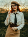 Evelyn Carnahan Outfit Khaki 1930er Streifen Revers Abnehmbare Krawatte Kleid