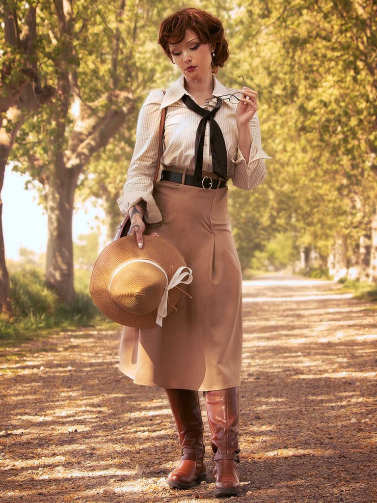 Evelyn Carnahan Outfit Khaki 1930er Streifen Revers Abnehmbare Krawatte Kleid