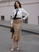 Evelyn Carnahan Outfit Khaki 1930er Streifen Revers Abnehmbare Krawatte Kleid
