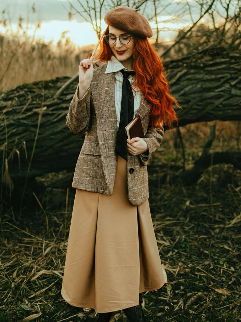 Evelyn Carnahan Outfit Khaki 1930er Streifen Revers Abnehmbare Krawatte Kleid
