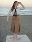 Evelyn Carnahan Outfit Khaki 1930er Streifen Revers Abnehmbare Krawatte Kleid