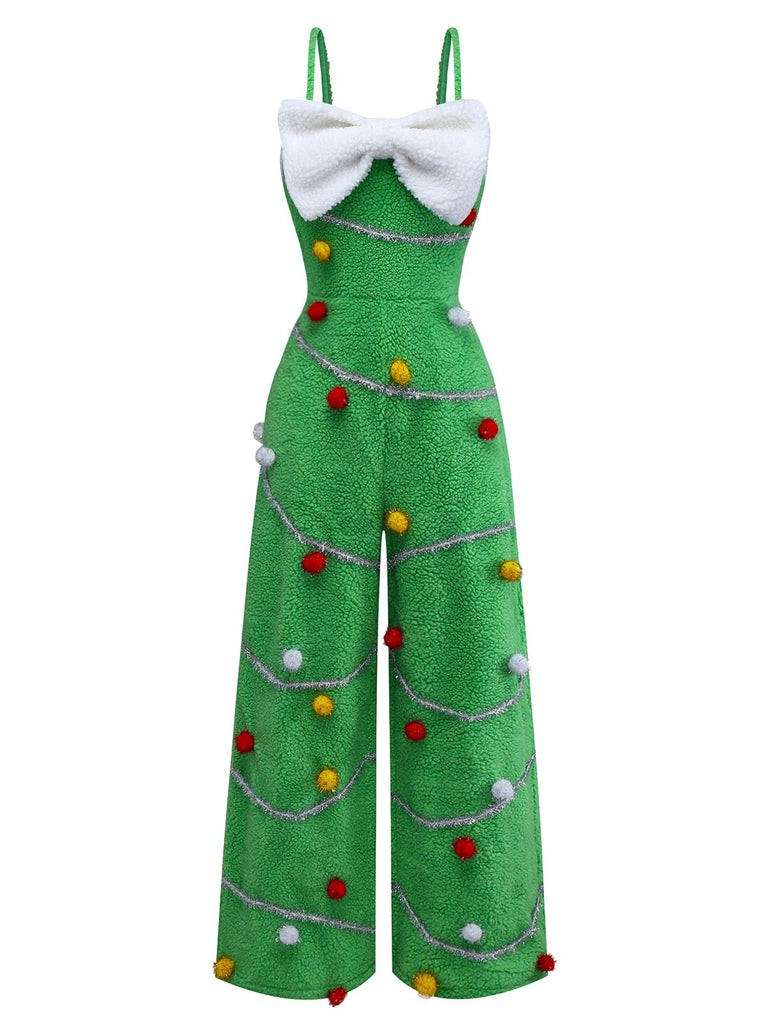 Grün 1930er Weihnachtsbaum Pompon Bogen Jumpsuit