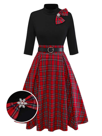 Rot 1950er Plaid Gürtel Kleid Mit Schneeflocke Brosche