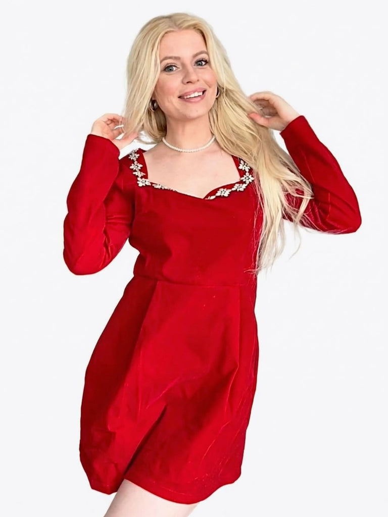 Rot 1960er Samt Diamant Quadrat Hals Kleid