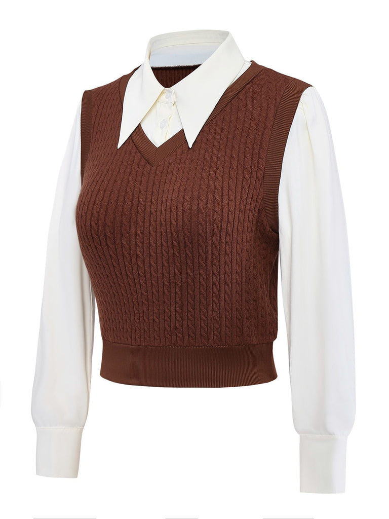 [Vorverkauf] 2PCS Braun 1940er Stricken Kunst-Zweiteilig Bluse & Karo Rock