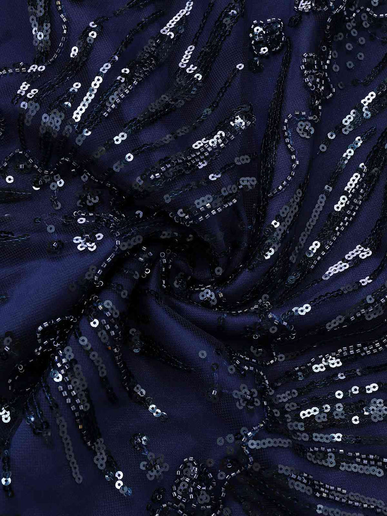 [Vorverkauf] Blau 1950er Schulterfrei Stickerei Pailletten Blumen Kleid