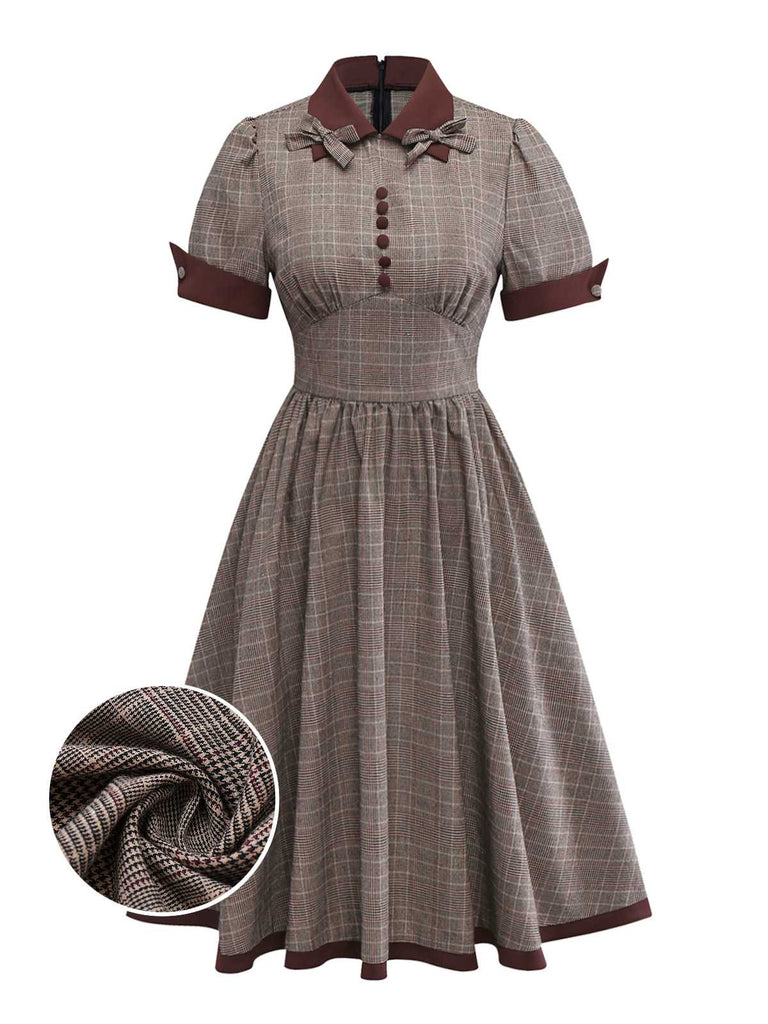 Braun 1950er Revers Plaid Bogen Kleid